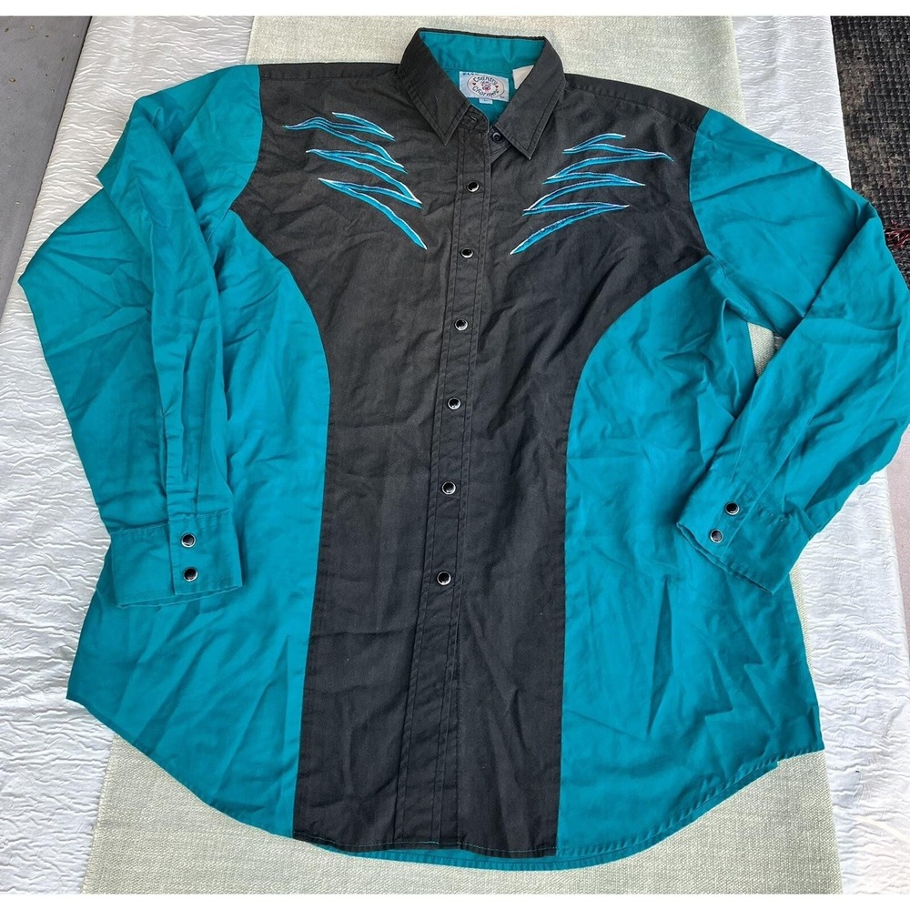 Ely Country Charmers Vintage Western Shirt Teal Black Embroidered Mens Large